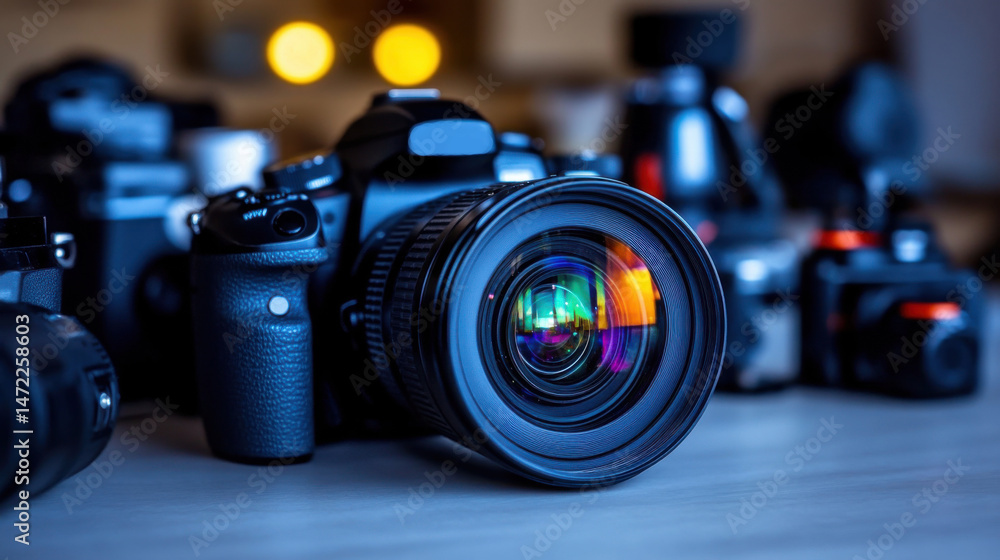 Poster a black professional camera with a colorful lens sits prominently on a table surrounded by various c