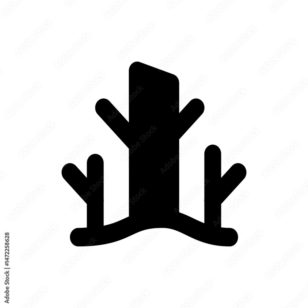 Poster silhouette of a stylized tree with three branches on a wavy ground in solid black color depiction ar
