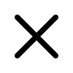 A bold black x mark with rounded ends centered on a white background creating a simple visual icon
