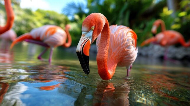 Flamingos forage in shallow water, their vibrant feathers reflecting sunlight. Lush greenery surrounds the pond, creating a tranquil atmosphere perfect for wildlife observation - Powered by Adobe