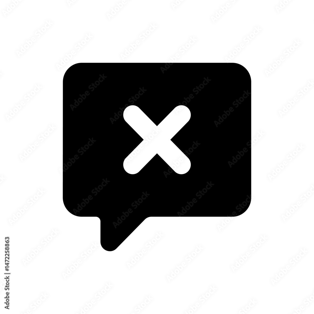 Poster black speech bubble with rounded corners containing a white x shape indicating a close or delete act