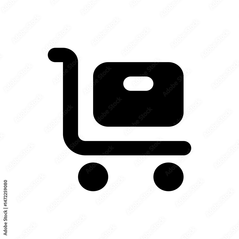 Poster a simple black and white icon of a shopping cart with a handle and two wheels carrying a box with a 