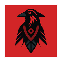 Stylized raven illustration with geometric design on a vibrant red background