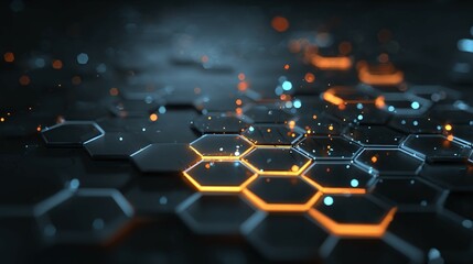 Obraz premium Abstract hexagonal pattern with glowing orange and blue elements on a dark background.