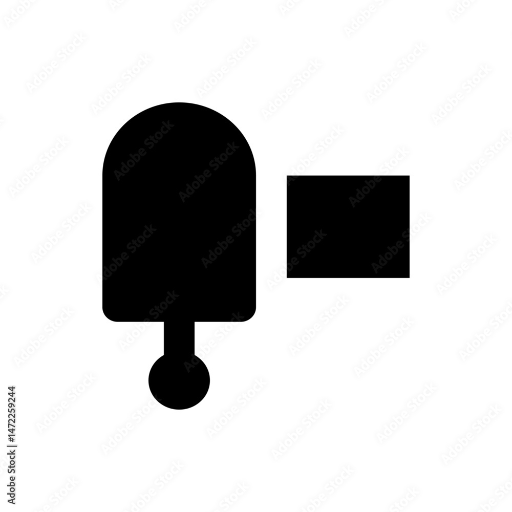 Poster illustration of a rounded top rectangle connected to a circle with a square to the side in black