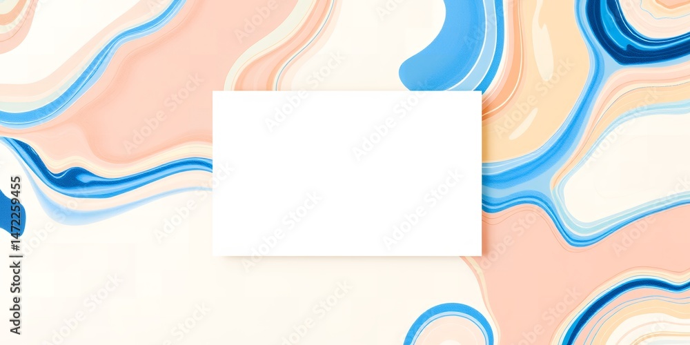 Poster abstract background with peach and blue swirls and a blank white rectangle in the center