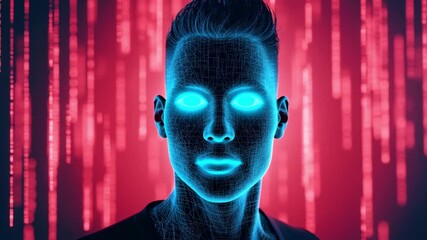 A silhouette of a man with glowing facial features stands against a backdrop filled with red binary numbers representing digital concepts - Powered by Adobe