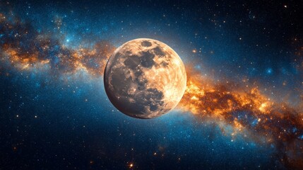 Fototapeta premium Full Moon and Milky Way Galaxy in Night Sky