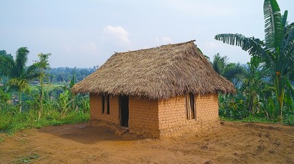 Simple rural dwelling with thatched roof.