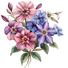 A bouquet of flowers with pink, purple, and blue flowers. The flowers are arranged in a way that creates a sense of harmony and balance. The colors of the flowers are vibrant and eye-catching