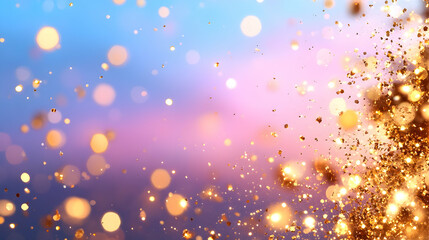 Shimmering gold particles and bokeh lights against a pastel blue and pink background