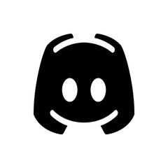 Black discord logo featuring a stylized controller shape with circular eyes and a curved smiling mouth design