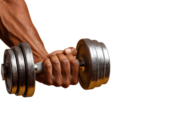 Strong man lifting heavy dumbbell weight exercise fitness training workout muscular arm power strength on transparent background