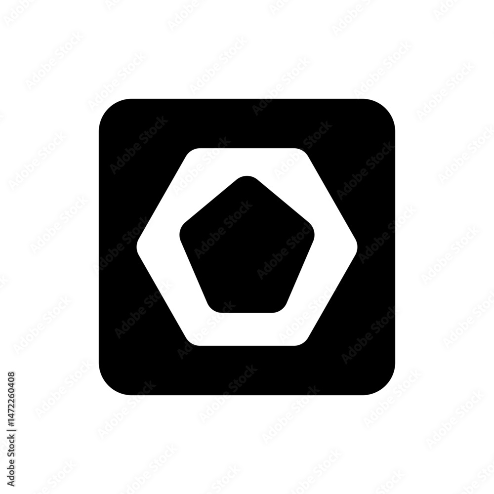 Poster white pentagon inside a hexagon shape with rounded corners placed on a black square background desig