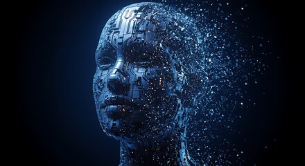 Digital Human Face Breaking into Puzzle Pieces at Sunrise Concept of Identity Loss Generative AI