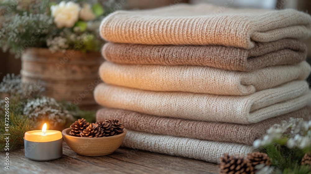 Aufkleber softly illuminated knitted blankets are stacked on a rustic wooden table. surrounding elements inclu