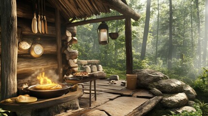 Cozy rustic cabin surrounded by lush forest with cooking scene