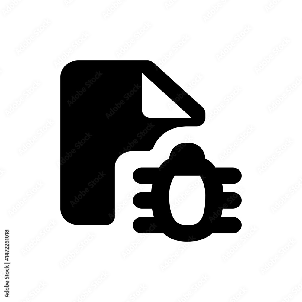 Poster a black and white image of a document icon with a folded corner and a bug icon next to it in solid f