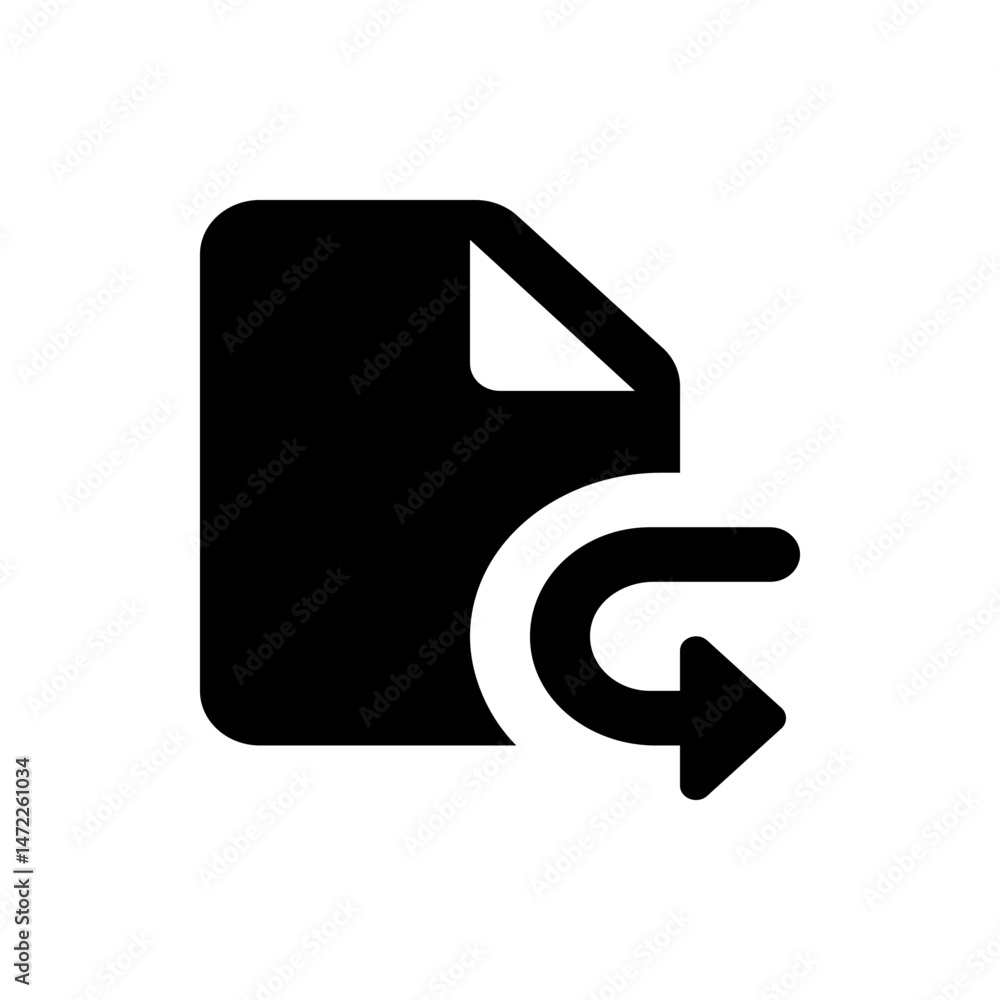 Poster a black document icon with a folded corner and a curved arrow pointing to the right on a white backg