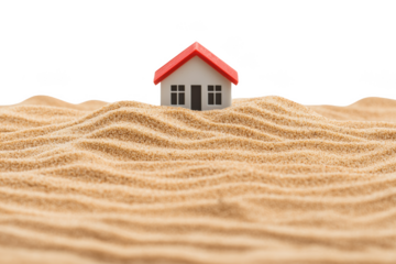 House atop sandy waves, set against a black background, creating a surreal visual contrast. Png, Transparent background.