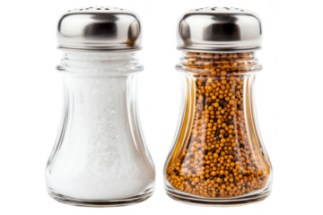 Salt and mustard shakers with shiny metal lids, showcasing their unique contents. Png, Transparent background.