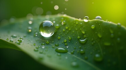 Nature's Embrace Dewdrops on a Lush Green Leaf, Capturing the Essence of Tranquility and the Beauty of Water Droplets