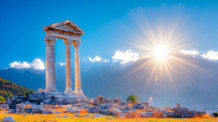 Ancient temple ruins bathed in sunlight against a mountain backdrop