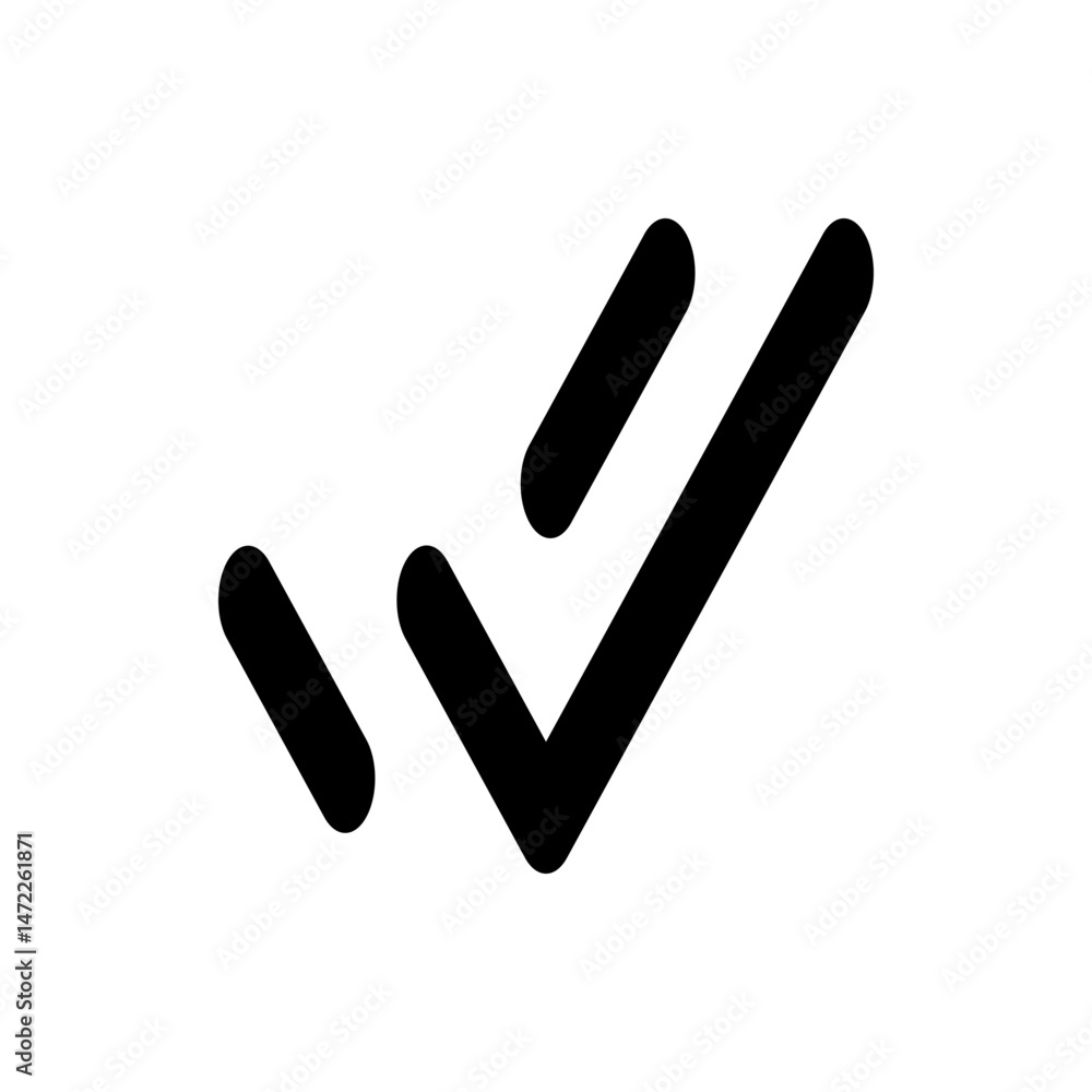 Poster black check mark icon with two dashes indicating confirmation or approval on a white background desi
