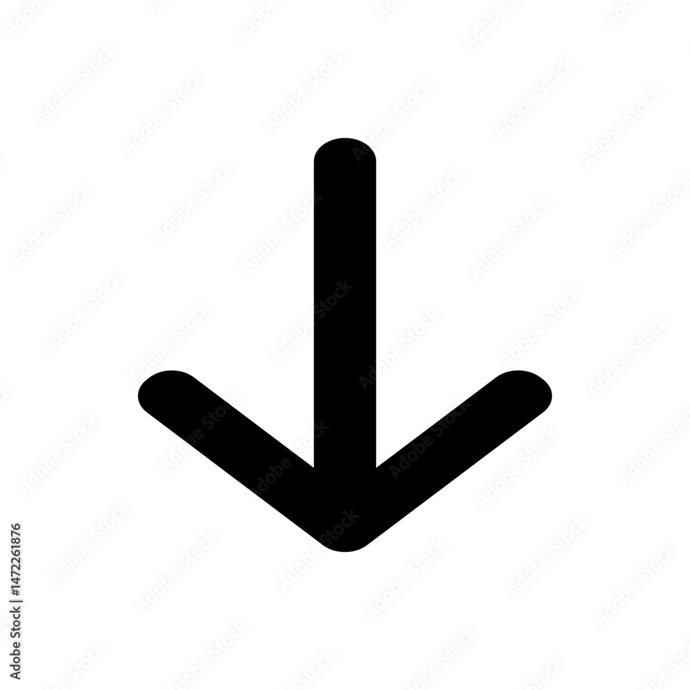 Poster a simple downward pointing arrow in black with rounded edges on a plain white background image viewa
