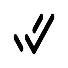 Black check mark icon with two dashes indicating confirmation or approval on a white background design element