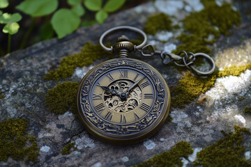 Fototapeta premium Antique Pocket Watch on Stone Outdoors