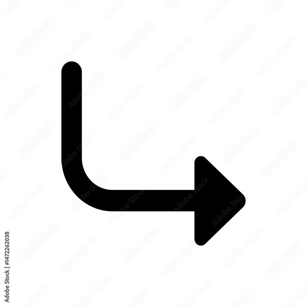 Poster black arrow pointing right with a sharp turn upwards indicating direction and navigation on a white 