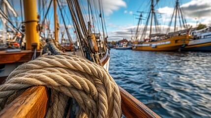 Obraz premium Coiled rope on sailing ship’s railing, harbor with other vessels, partly-cloudy sky.