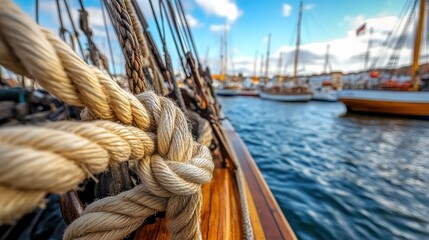 Obraz premium Coiled rope on sailing ship’s railing, harbor with other vessels, partly-cloudy sky.