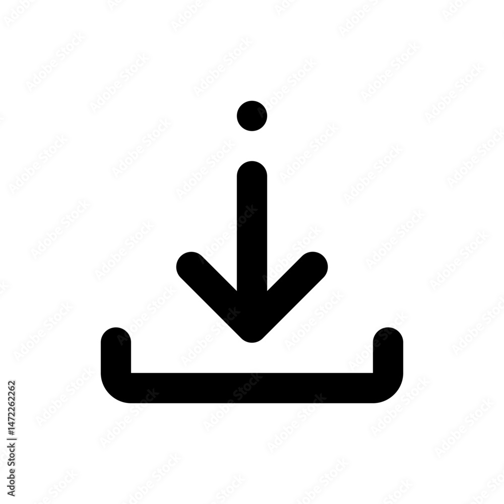 Poster black download icon with an arrow pointing down to a tray with a circle above the arrow, simple desi
