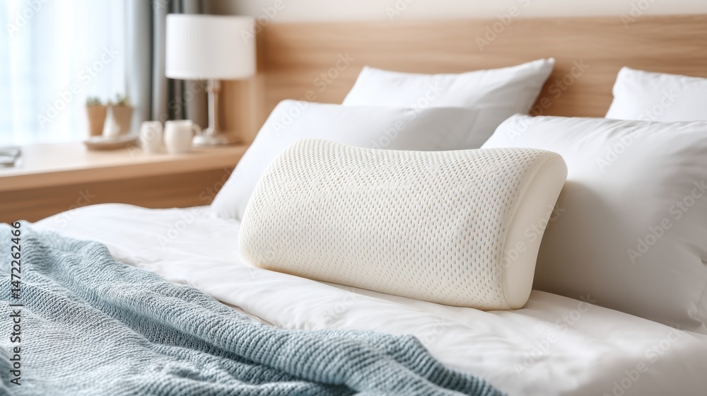 Aufkleber a close up of a comfortable, off-white memory foam neck pillow resting on a neatly made bed with a s