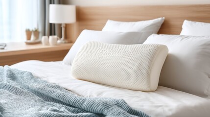 A close up of a comfortable, off-white memory foam neck pillow resting on a neatly made bed with a soft, blue knitted throw blanket. : Generative AI