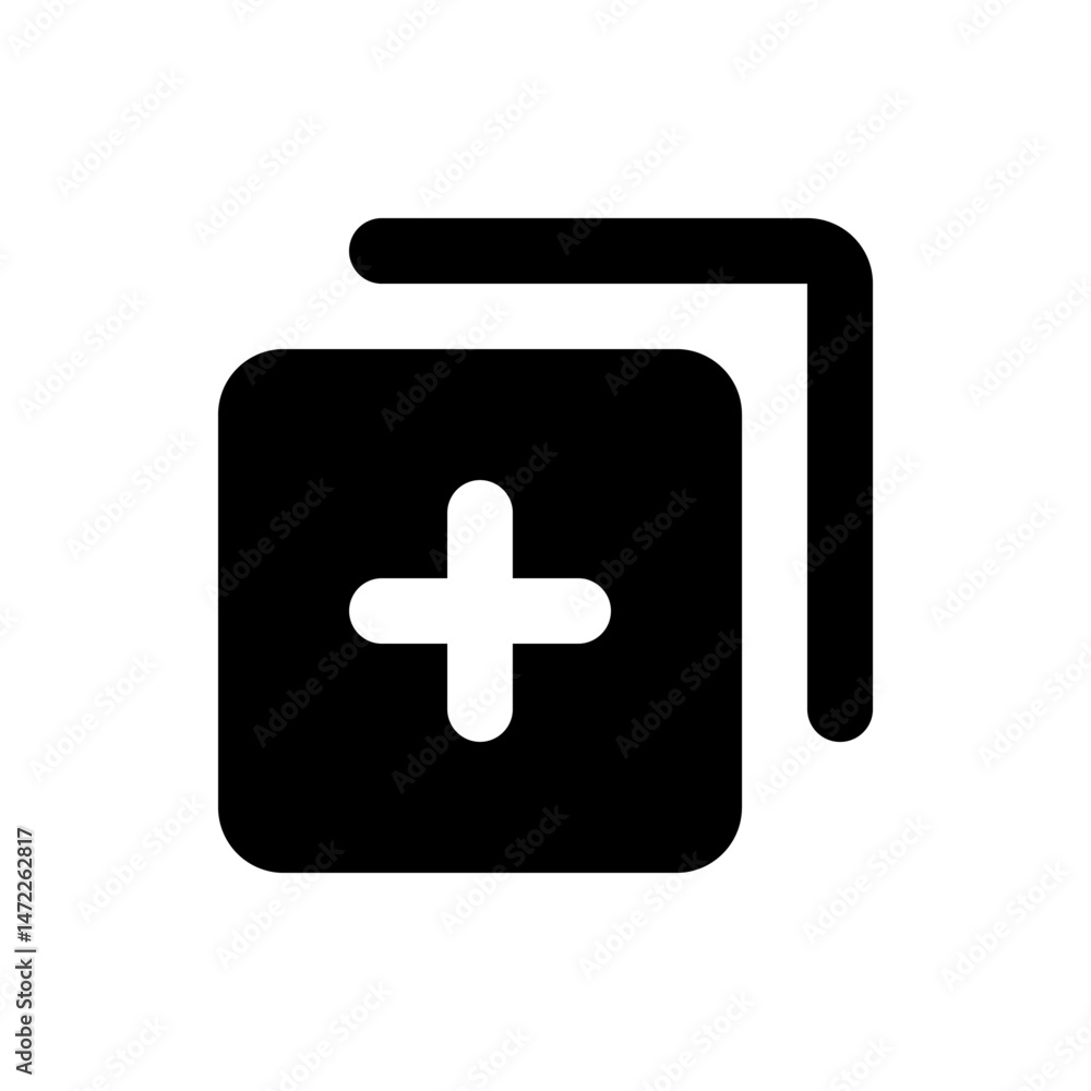 Poster black square with rounded corners and a white plus sign with an attached rectangular corner design e