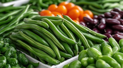 Obraz premium A variety of fresh green vegetables, including green beans and leafy greens, are arranged on display alongside bright oranges at a bustling market in the afternoon