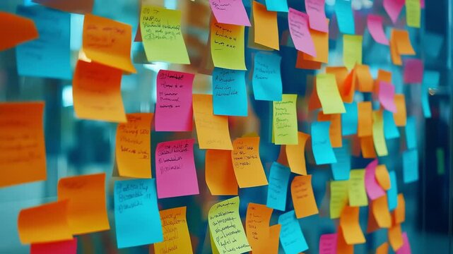 A variety of colorful sticky notes cover a glass wall in an office, showcasing ideas and reminders during the working hours