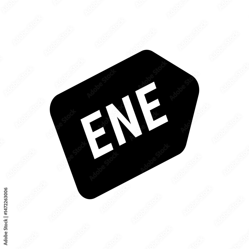 Poster Black tag with rounded corners and a pointed end displaying the white letters e n e in bold font