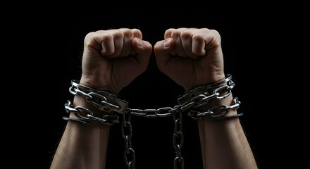 Chained Hands Clasped Tightly Against a Deep Black Background Conveying Themes of Bondage and Imprisonment with Heavy Metal Links