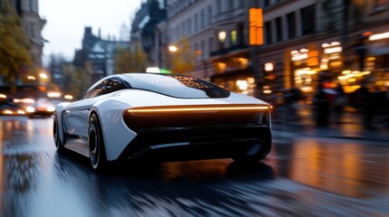 A sleek electric car speeds along a lively city street as evening light reflects off the wet pavement. Surrounding buildings glow with warm lights, creating an energetic atmosphere