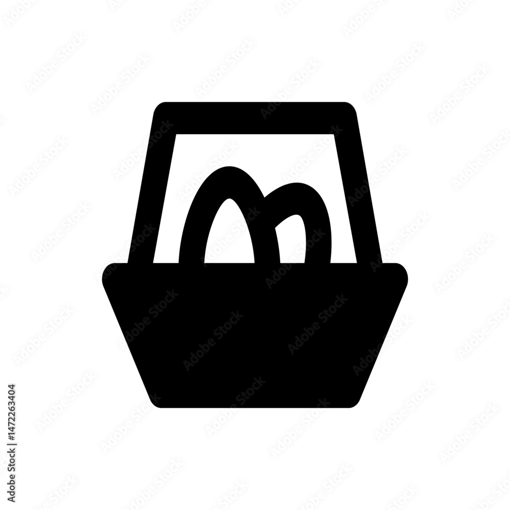 Poster illustration of a black basket with two abstract shapes inside representing a simple design element 