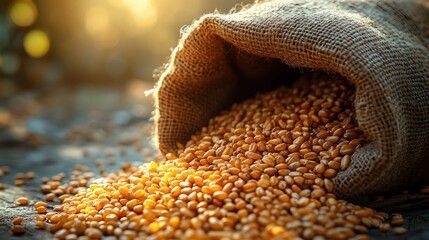 Wheat grains spilling from burlap sack