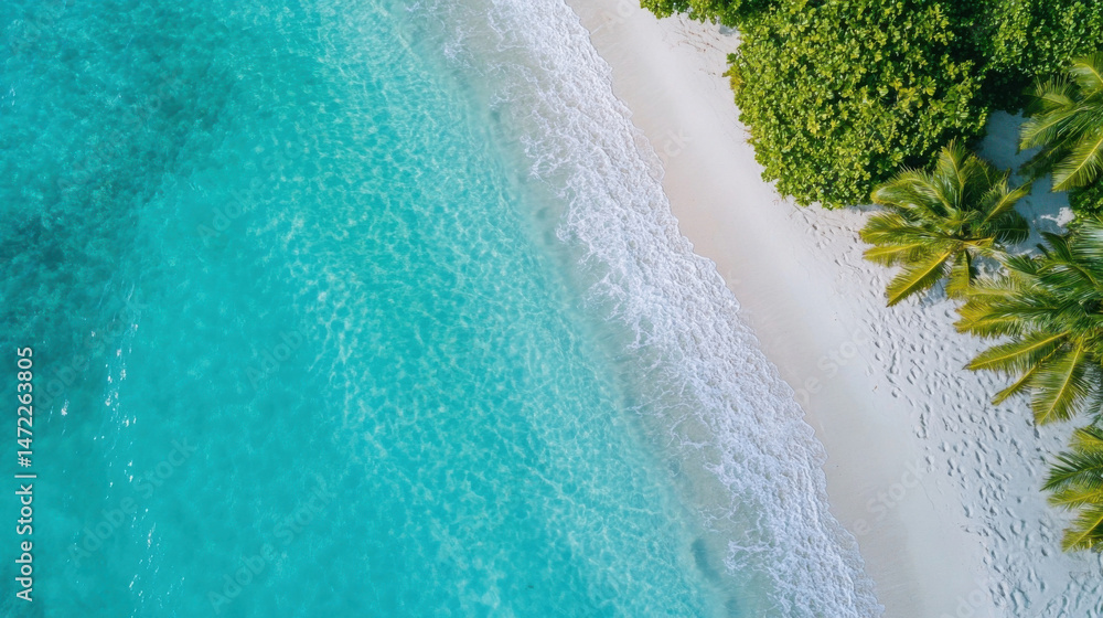 Aufkleber aerial view of a pristine tropical beach with turquoise water lapping gently on white sand, lush gre