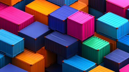 Colorful shipping containers stacked in a vibrant, geometric pattern