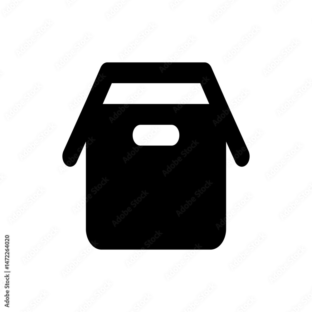 Poster illustration of a simple black box with rounded corners and a handle on a white background space fil