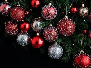 Naklejka premium Festive Red and White Balls on Fir Branch - Holiday Design
