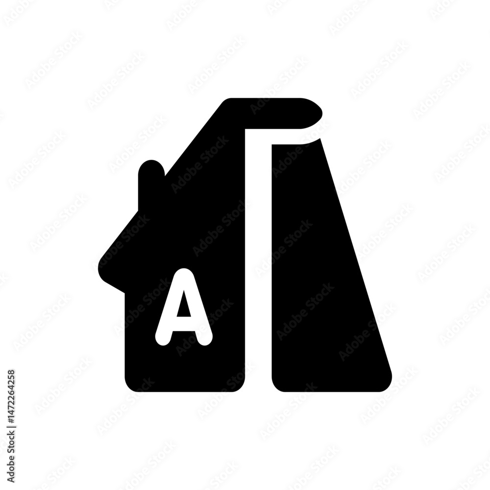 Poster black abstract shape with a house like structure and the letter a next to a vertical rectangle shape